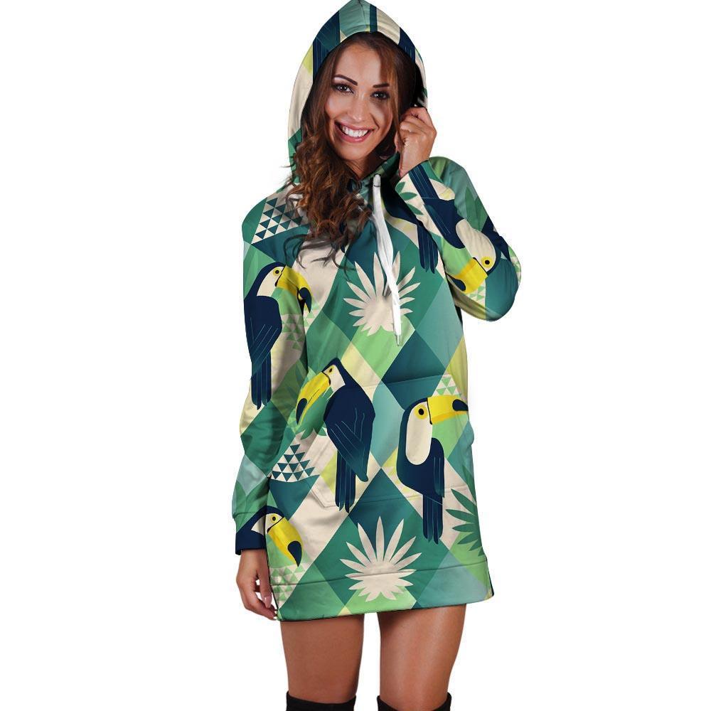 Patchwork Tropical Toucan Print Hoodie Dress-grizzshop