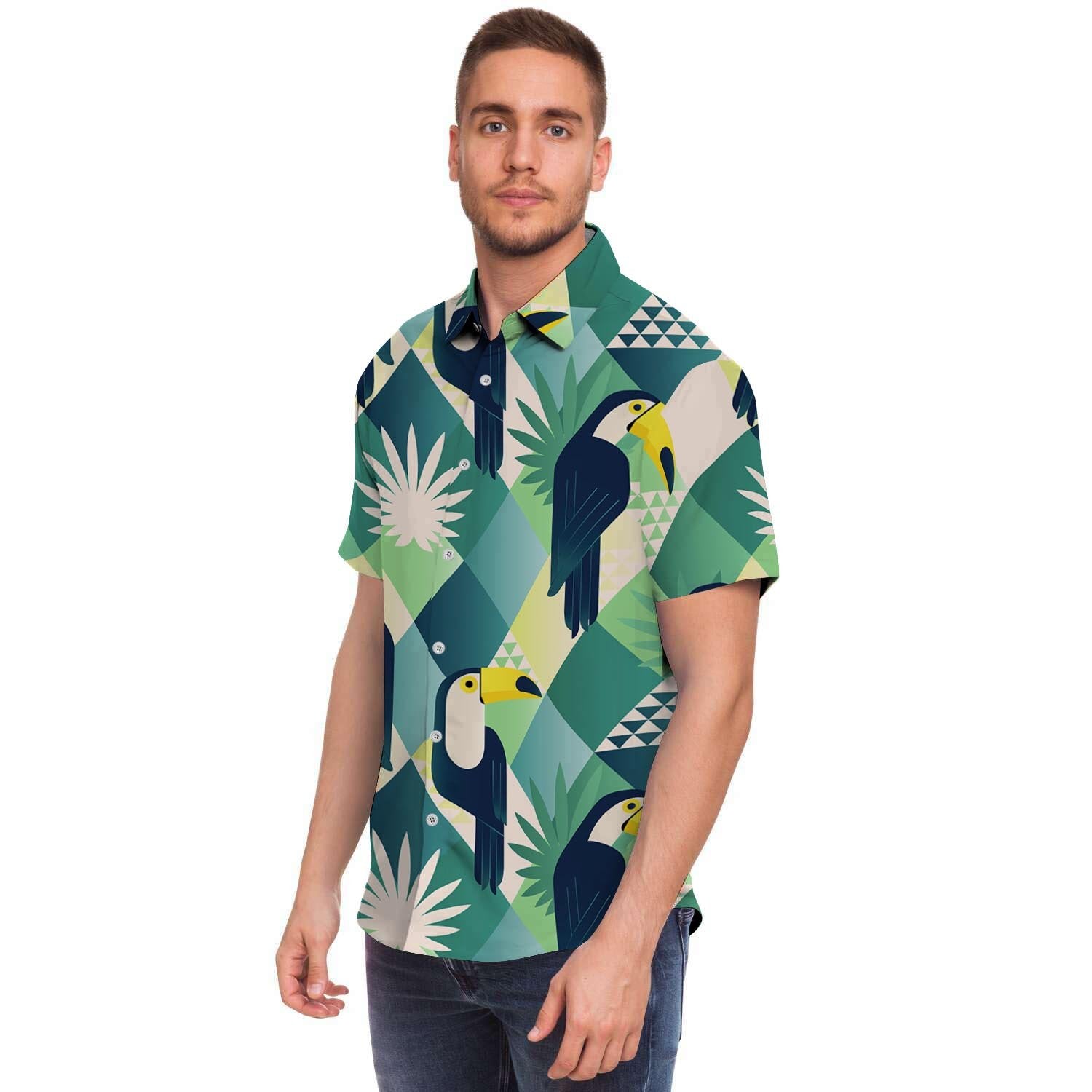Patchwork Tropical Toucan Print Men's Short Sleeve Shirt-grizzshop