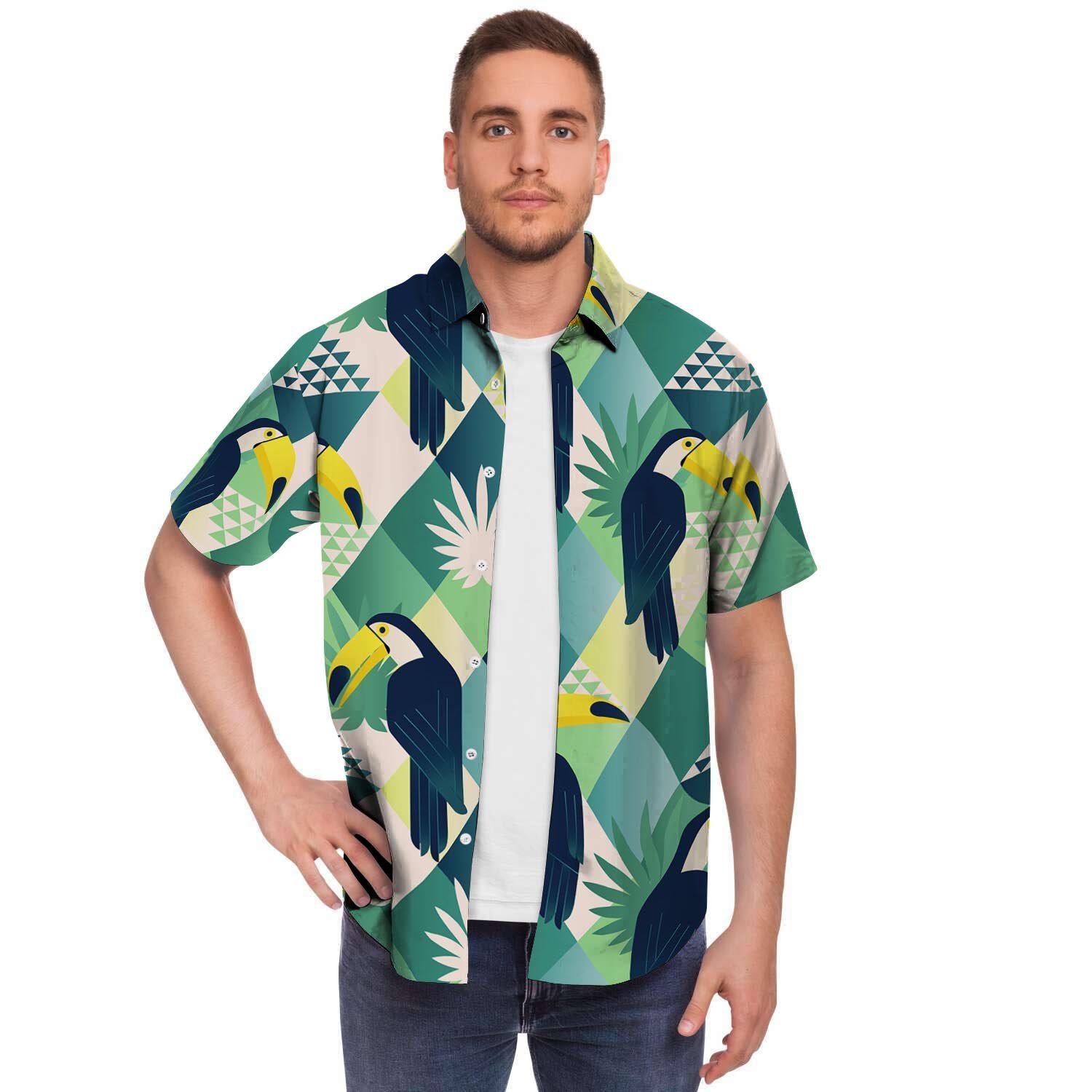 Patchwork Tropical Toucan Print Men's Short Sleeve Shirt-grizzshop