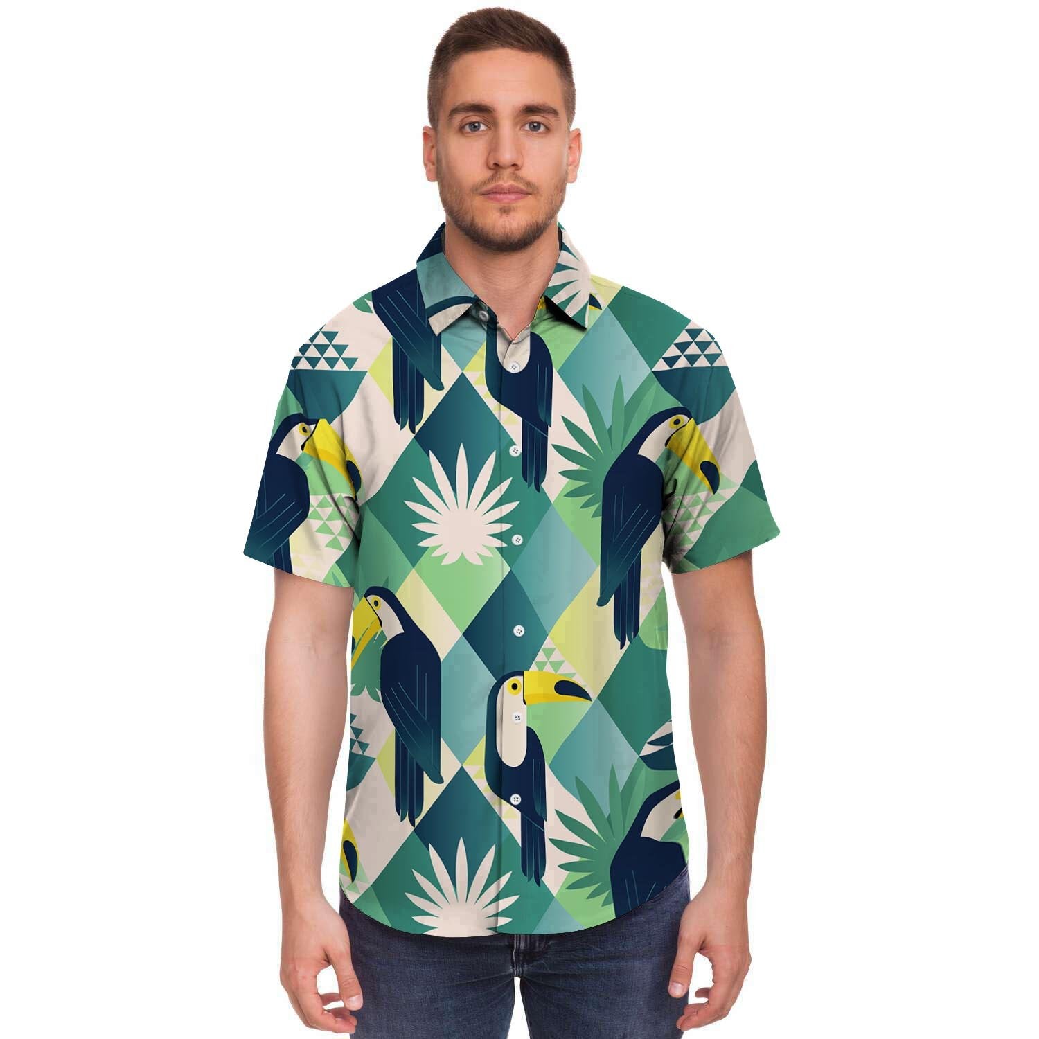 Patchwork Tropical Toucan Print Men's Short Sleeve Shirt-grizzshop