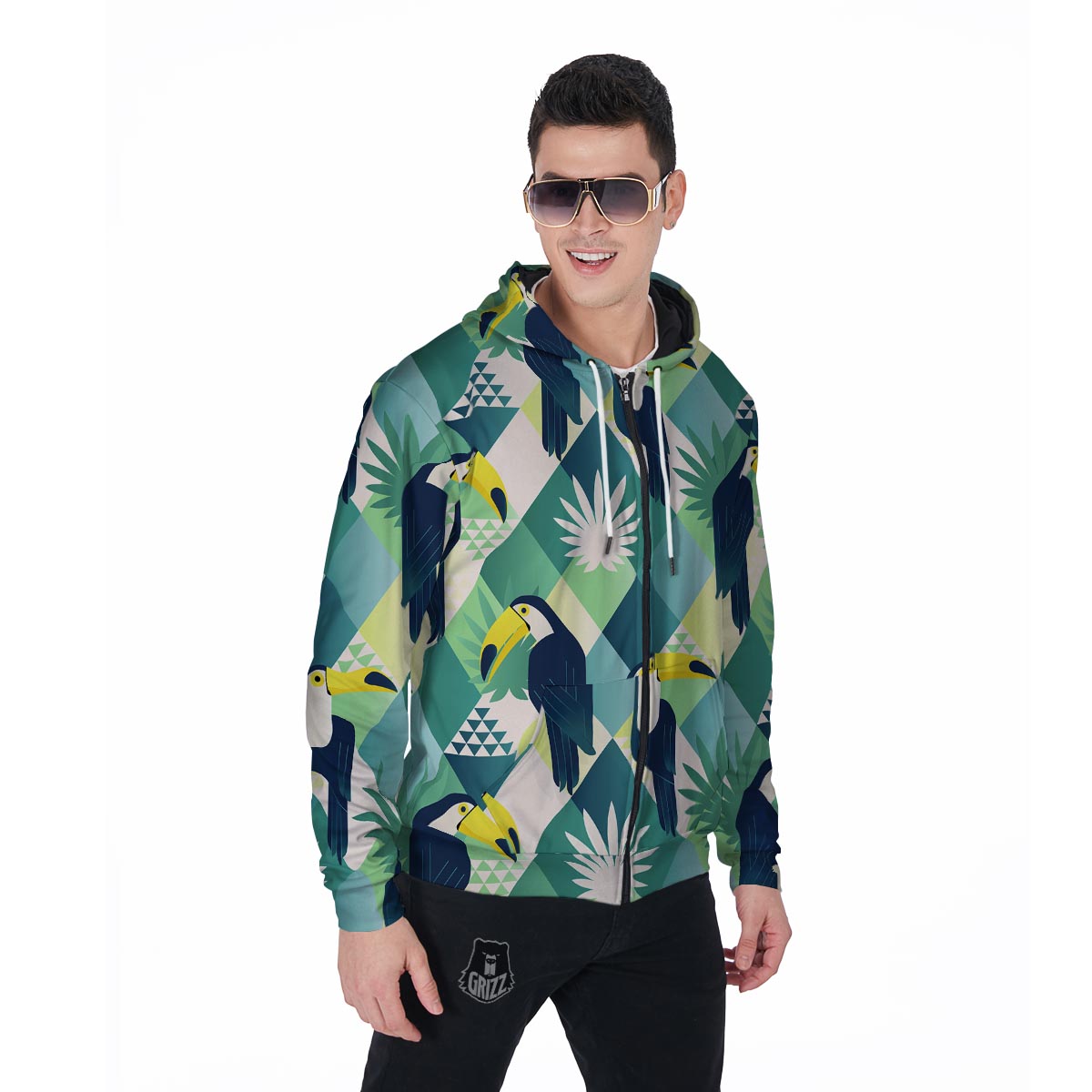 Patchwork Tropical Toucan Print Men's Zip Up Hoodie-grizzshop