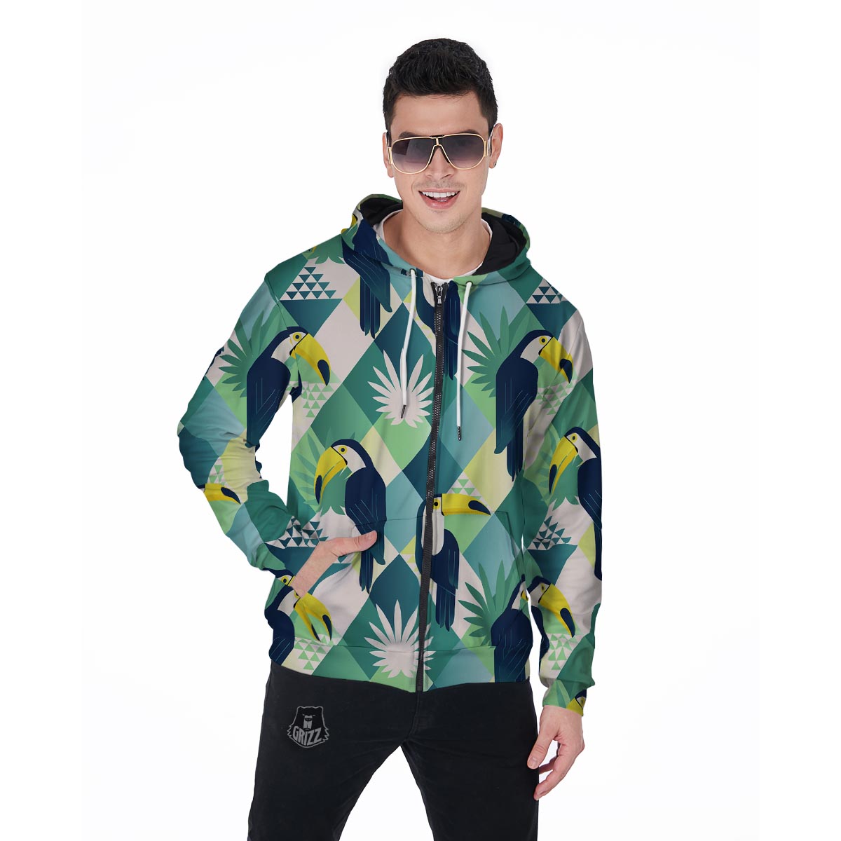 Patchwork Tropical Toucan Print Men's Zip Up Hoodie-grizzshop