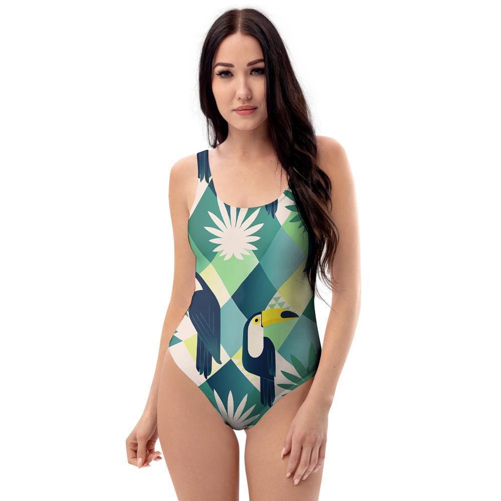 Patchwork Tropical Toucan Print One Piece Swimsuite-grizzshop