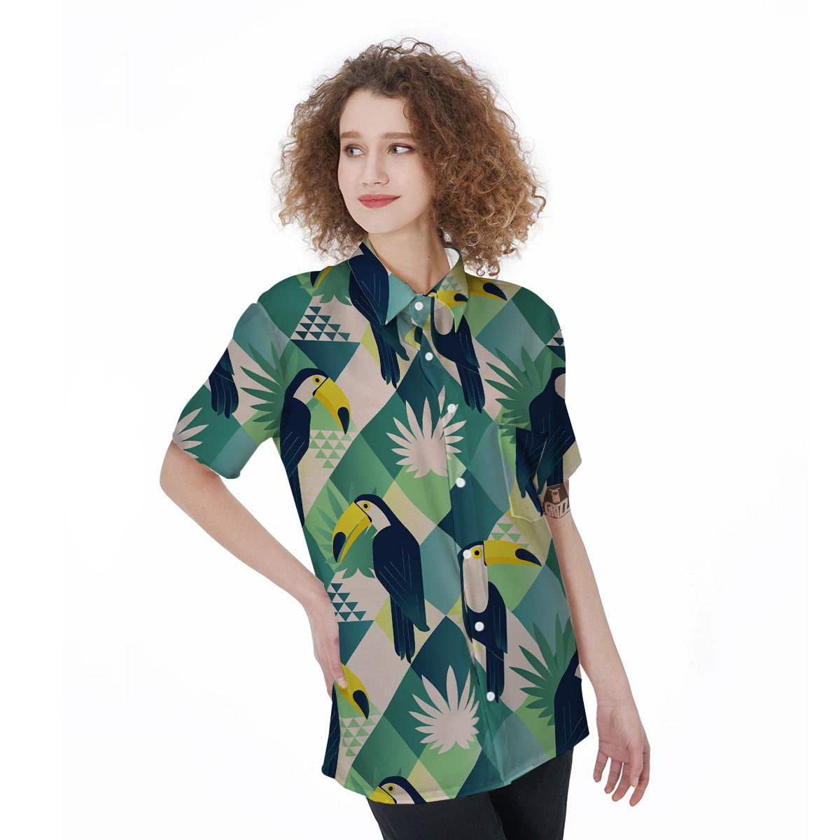 Patchwork Tropical Toucan Print Women's Short Sleeve Shirts-grizzshop
