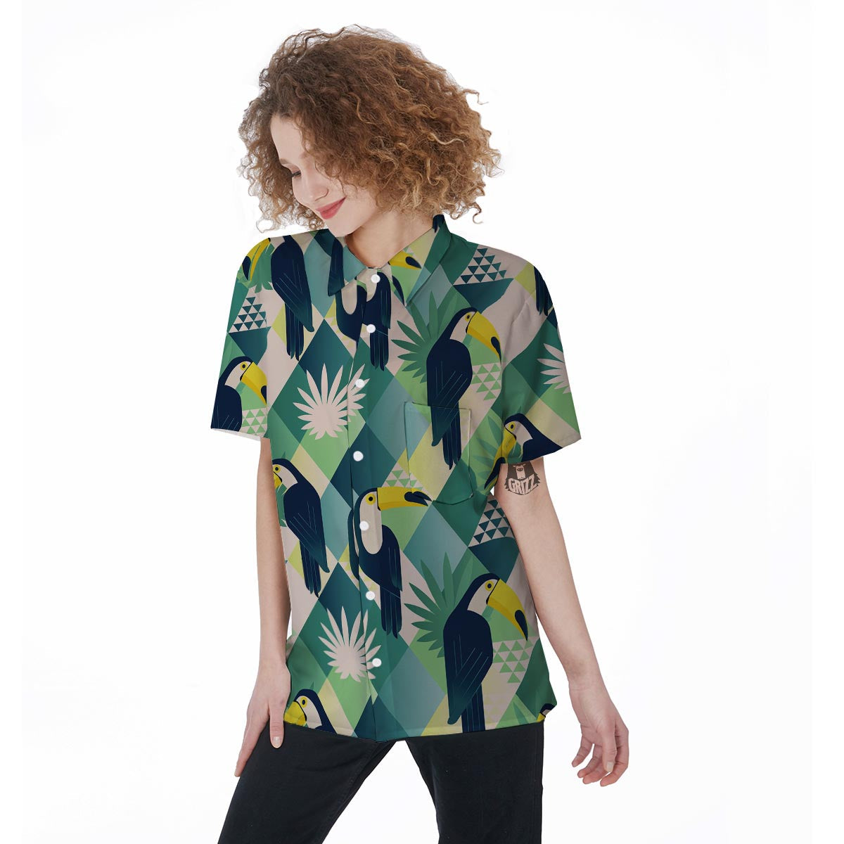Patchwork Tropical Toucan Print Women's Short Sleeve Shirts-grizzshop