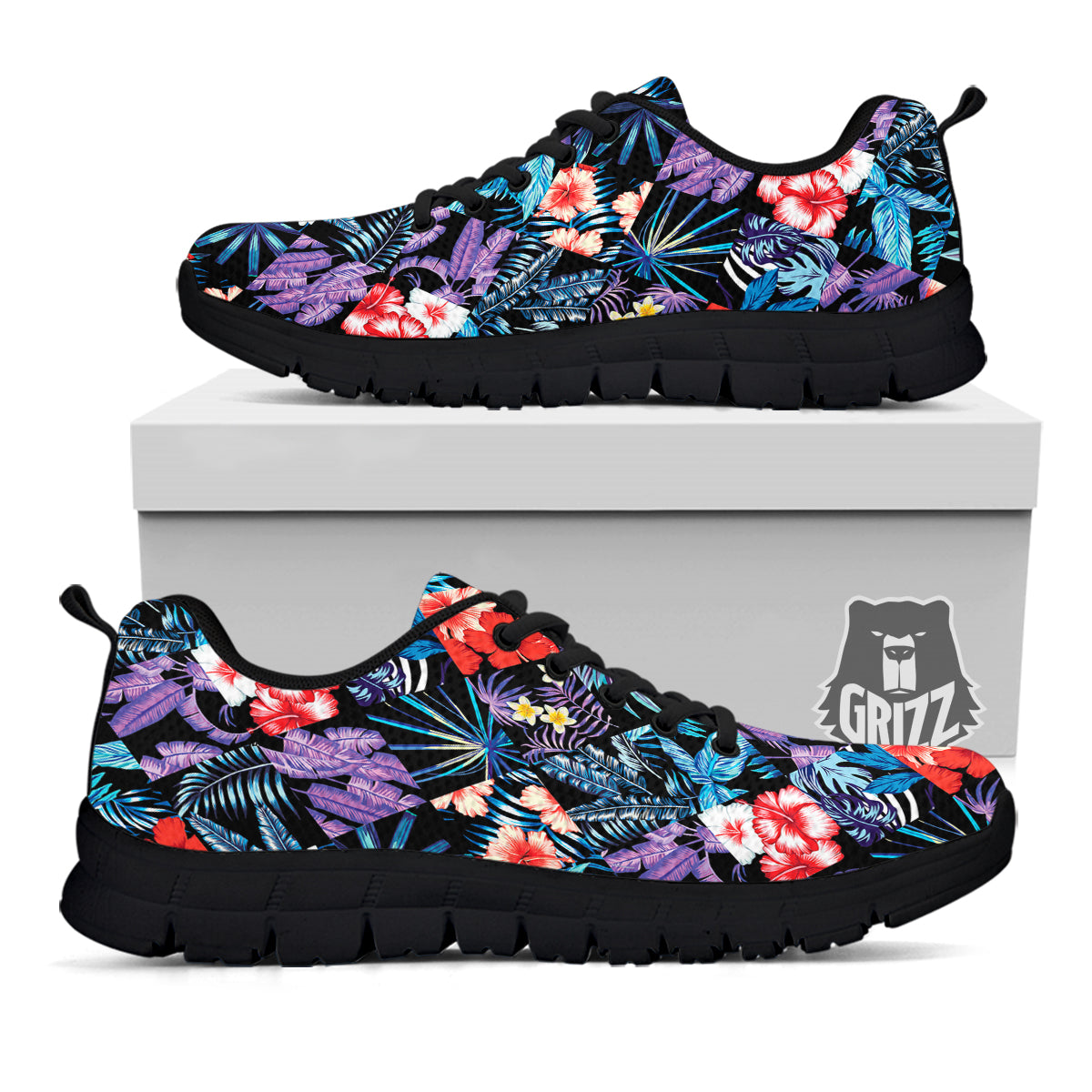 Patchwork Tropical Watercolor Print Pattern Black Sneaker-grizzshop