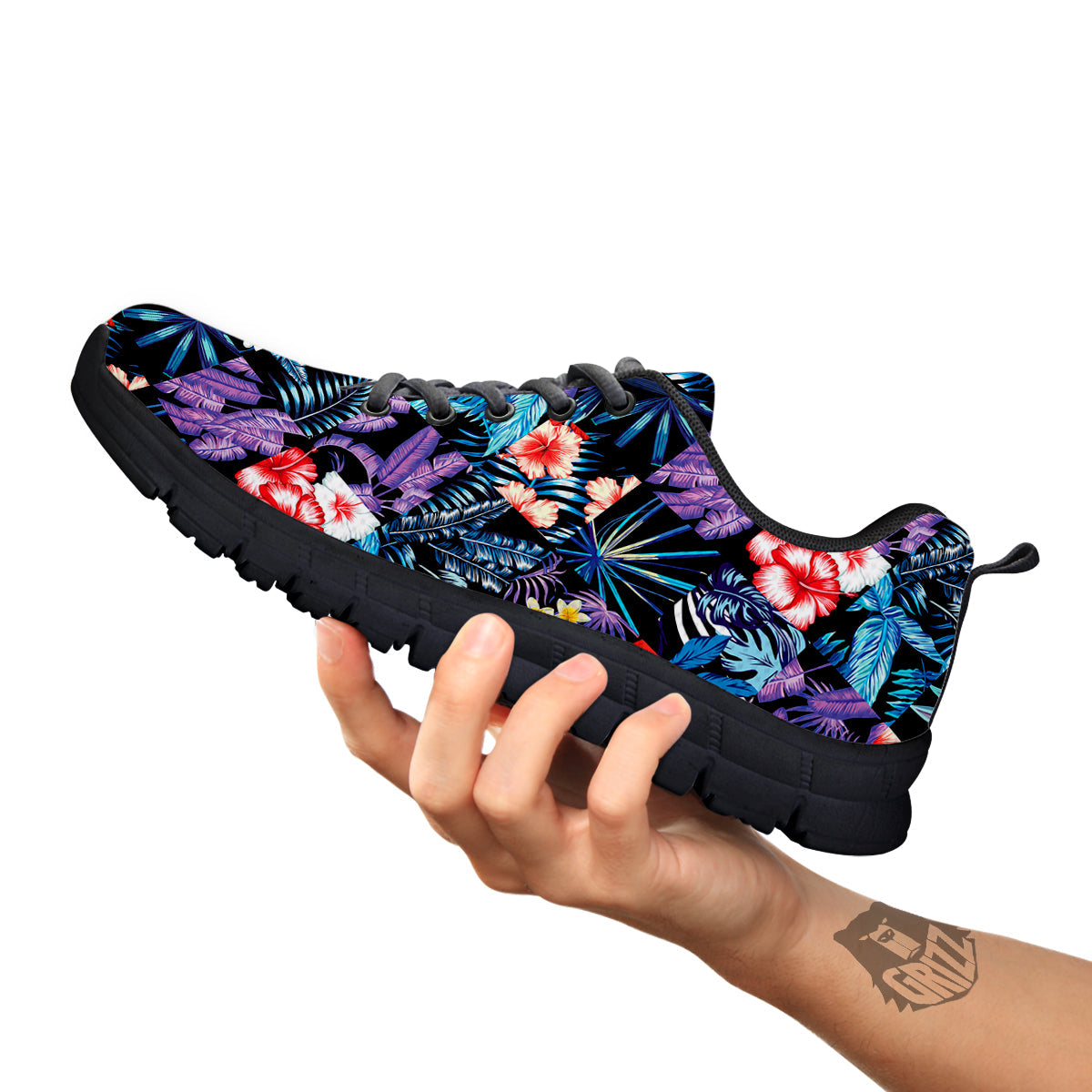 Patchwork Tropical Watercolor Print Pattern Black Sneaker-grizzshop