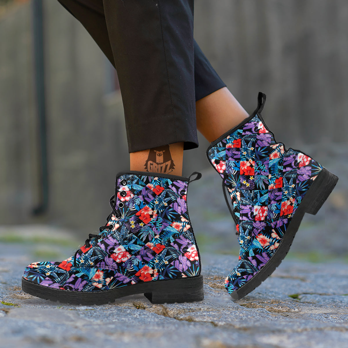 Patchwork Tropical Watercolor Print Pattern Leather Boots-grizzshop