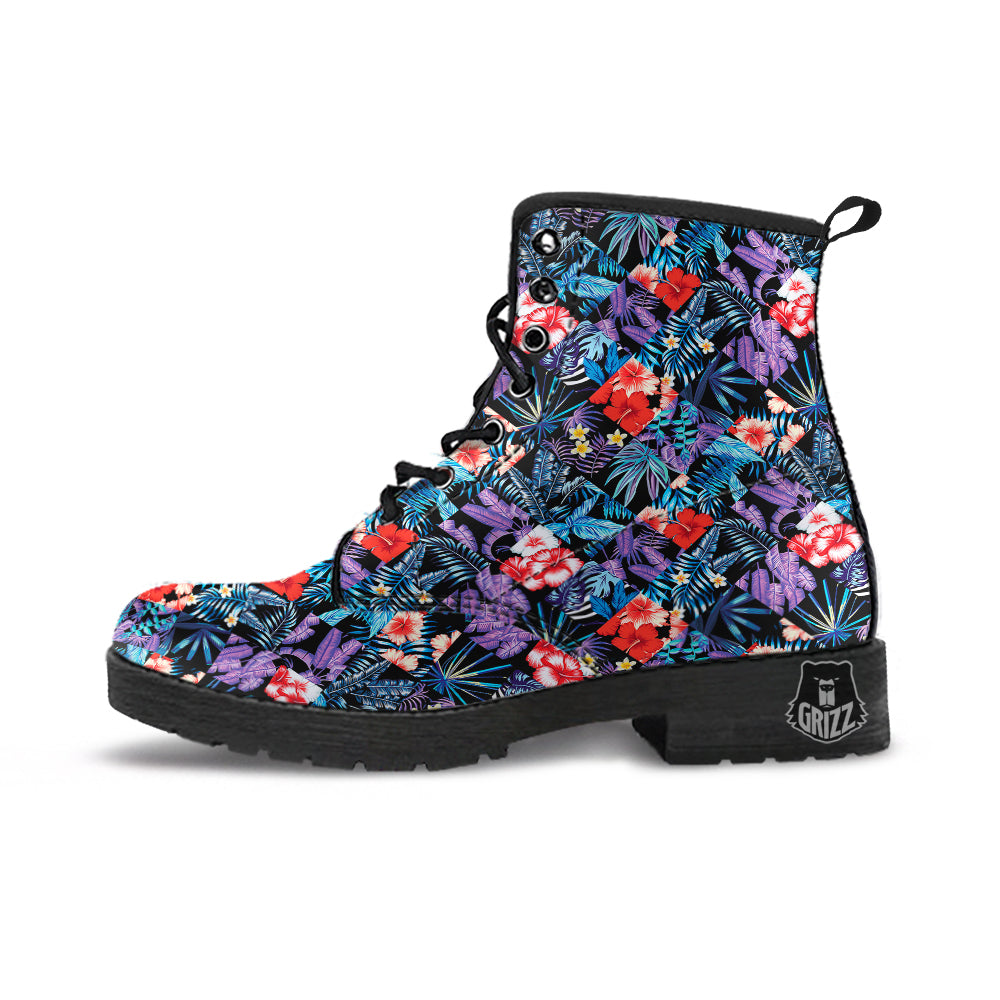 Patchwork Tropical Watercolor Print Pattern Leather Boots-grizzshop