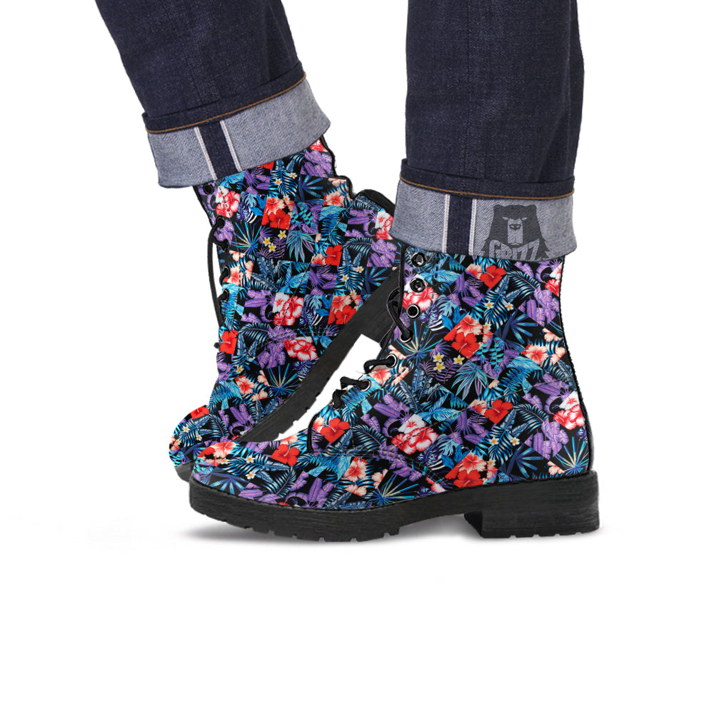 Patchwork Tropical Watercolor Print Pattern Leather Boots-grizzshop