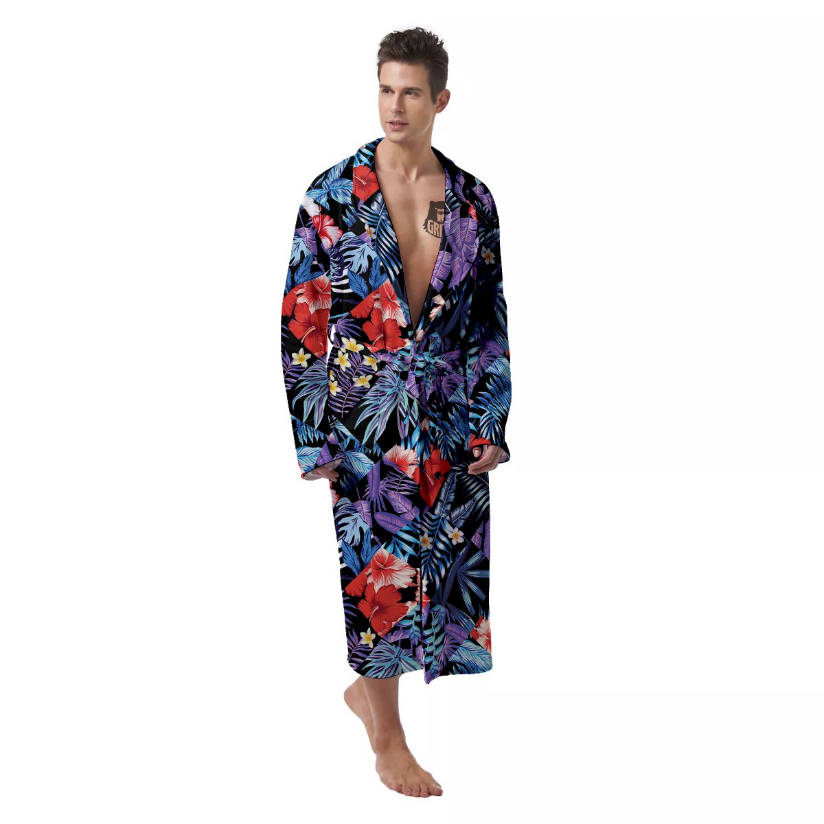 Patchwork Tropical Watercolor Print Pattern Men's Robe-grizzshop