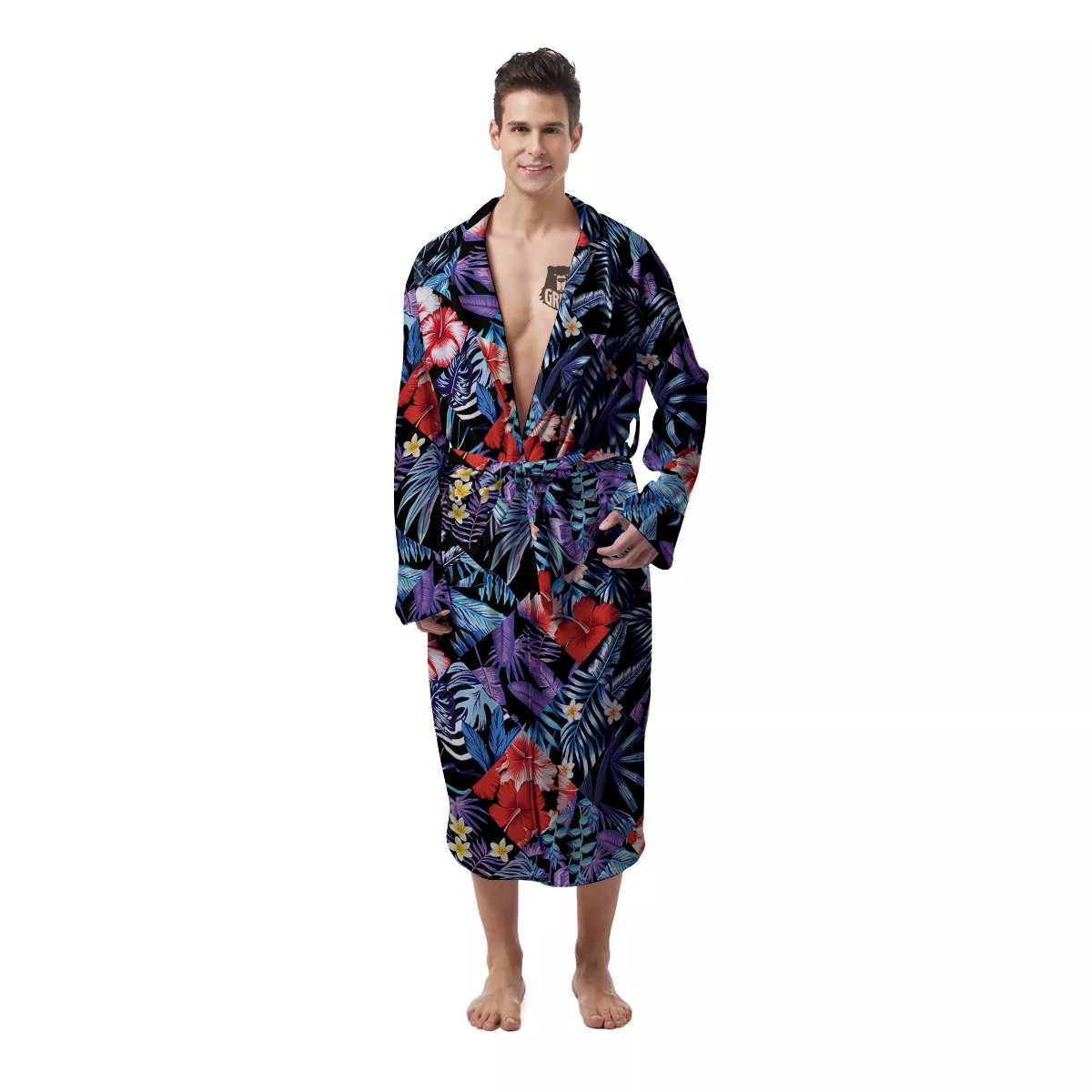 Patchwork Tropical Watercolor Print Pattern Men's Robe-grizzshop
