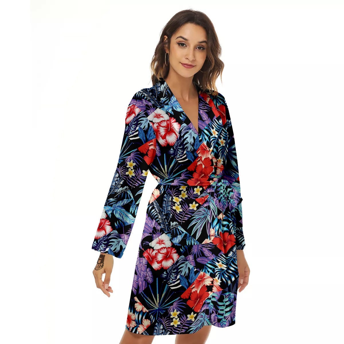 Patchwork Tropical Watercolor Print Pattern Women's Robe-grizzshop