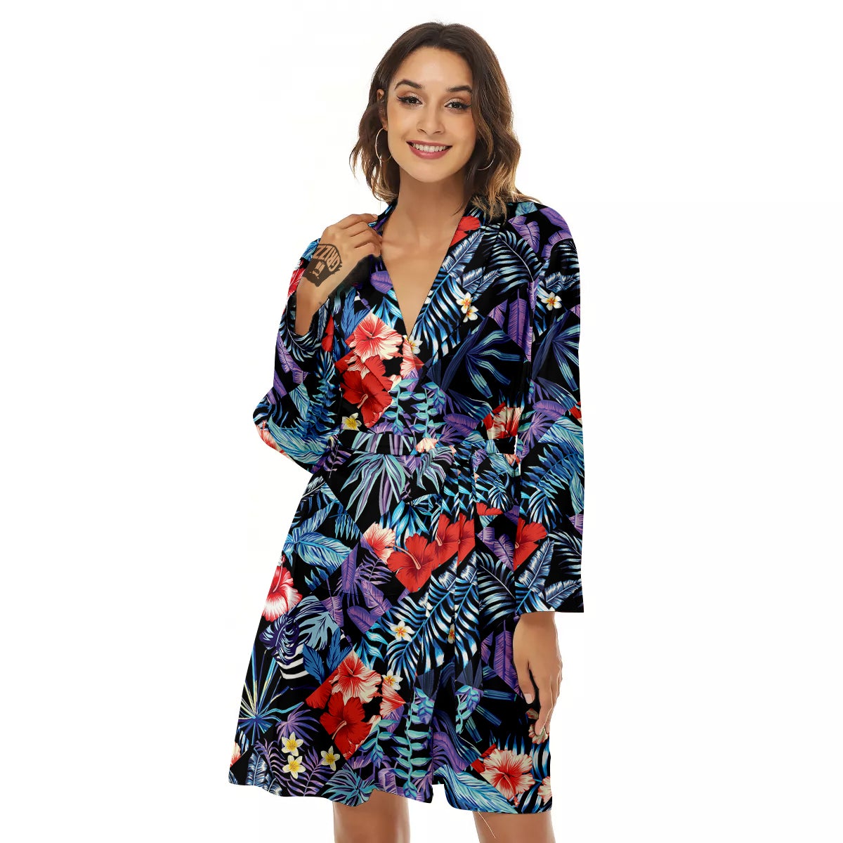 Patchwork Tropical Watercolor Print Pattern Women's Robe-grizzshop