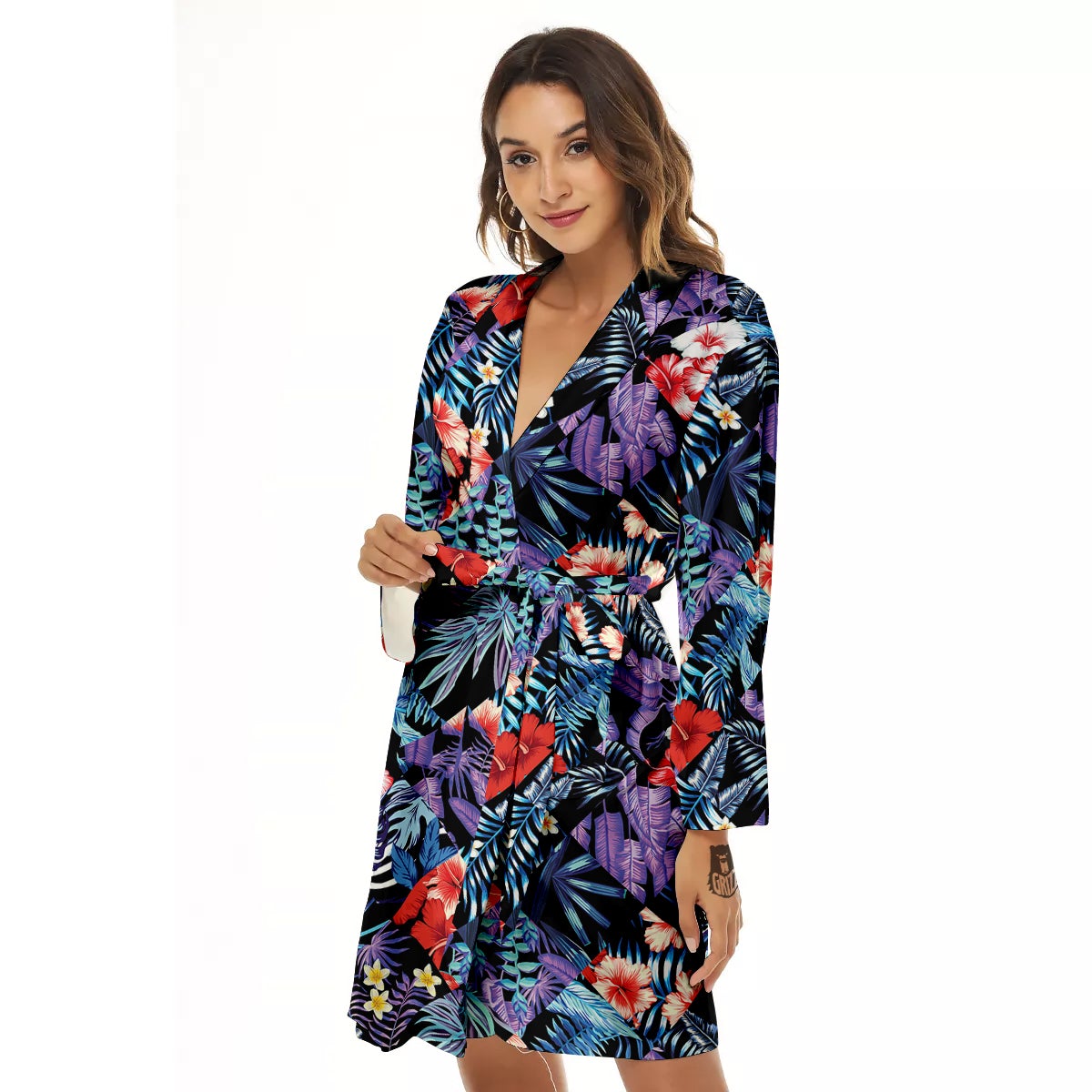 Patchwork Tropical Watercolor Print Pattern Women's Robe-grizzshop