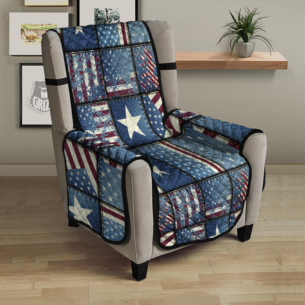 Patchwork USA Denim Print Pattern Armchair Protector-grizzshop