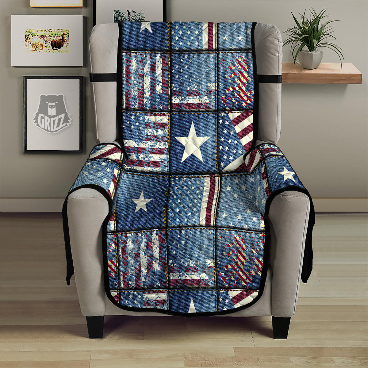 Patchwork USA Denim Print Pattern Armchair Protector-grizzshop