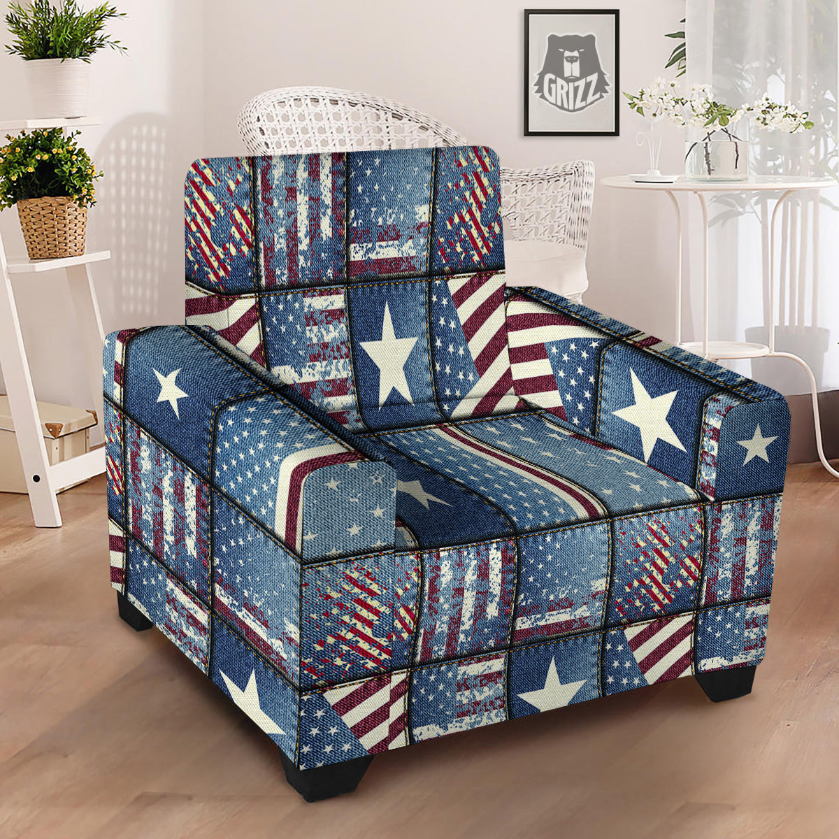 Patchwork USA Denim Print Pattern Armchair Slipcover-grizzshop