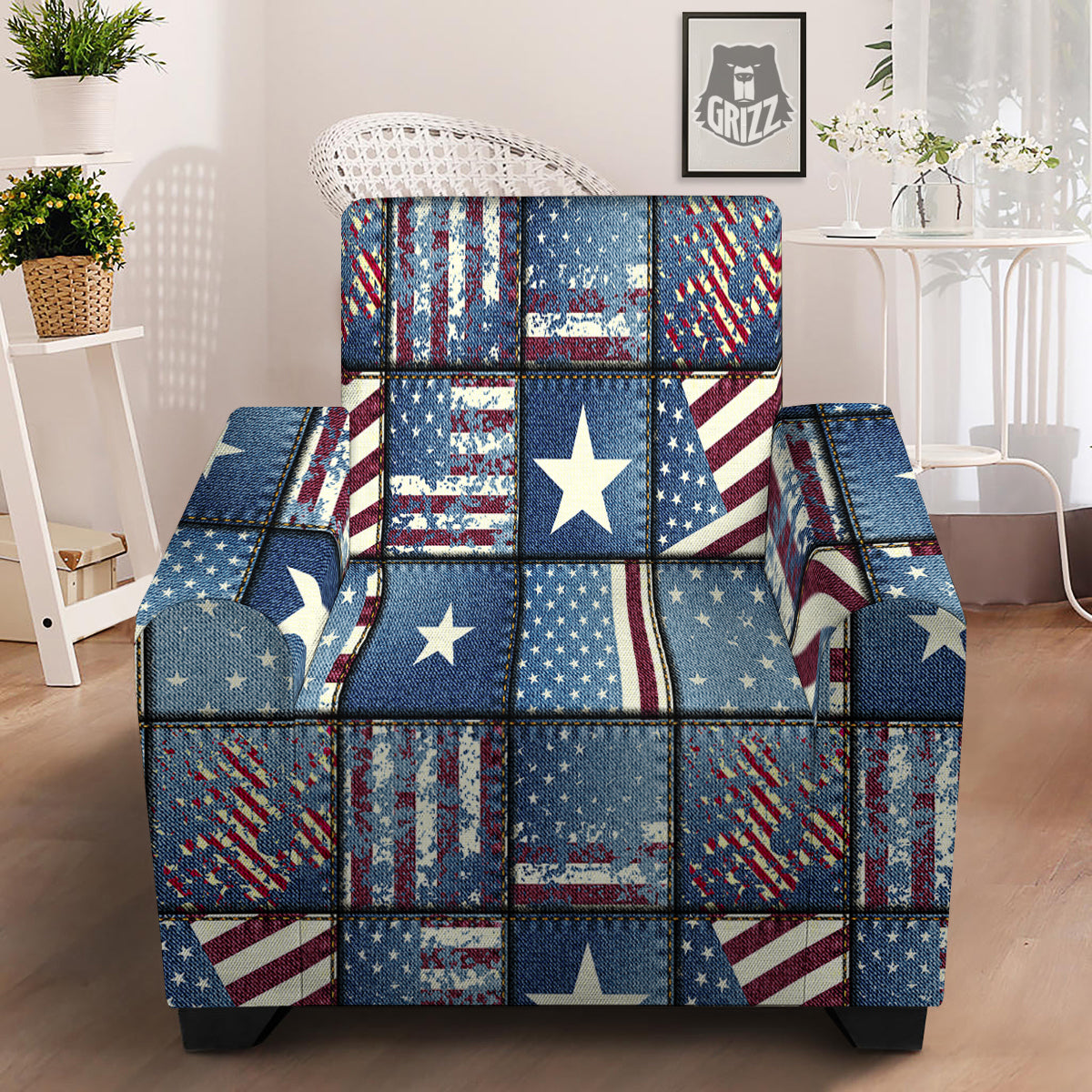 Patchwork USA Denim Print Pattern Armchair Slipcover-grizzshop