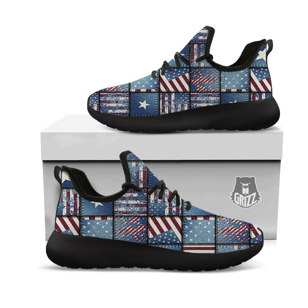 Patchwork USA Denim Print Pattern Black Athletic Shoes-grizzshop