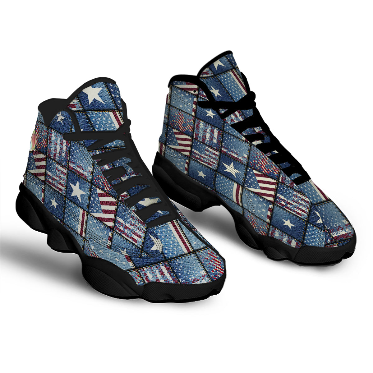 Patchwork USA Denim Print Pattern Black Basketball Shoes-grizzshop