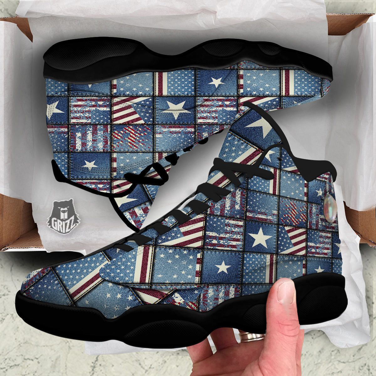 Patchwork USA Denim Print Pattern Black Basketball Shoes-grizzshop