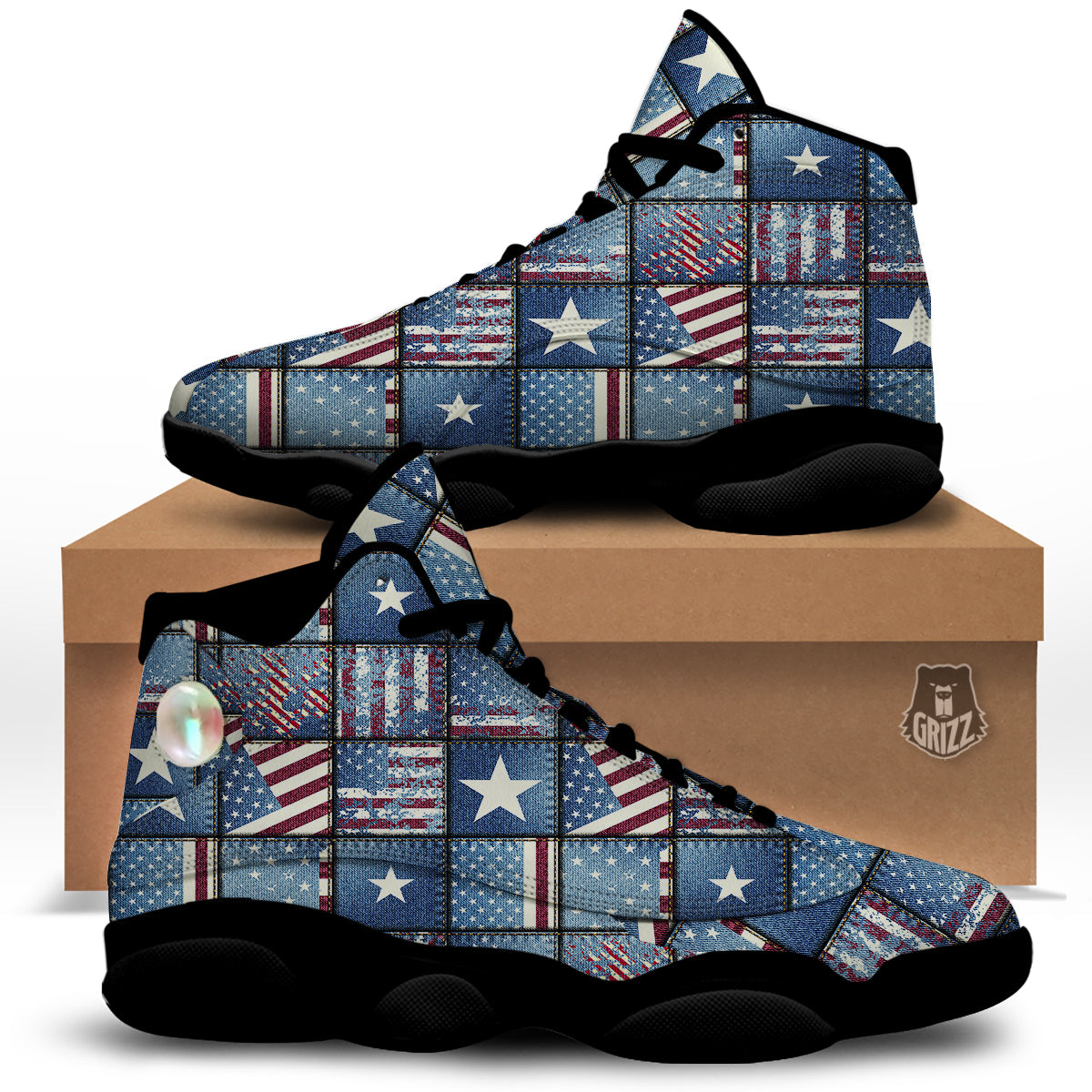 Patchwork USA Denim Print Pattern Black Basketball Shoes-grizzshop