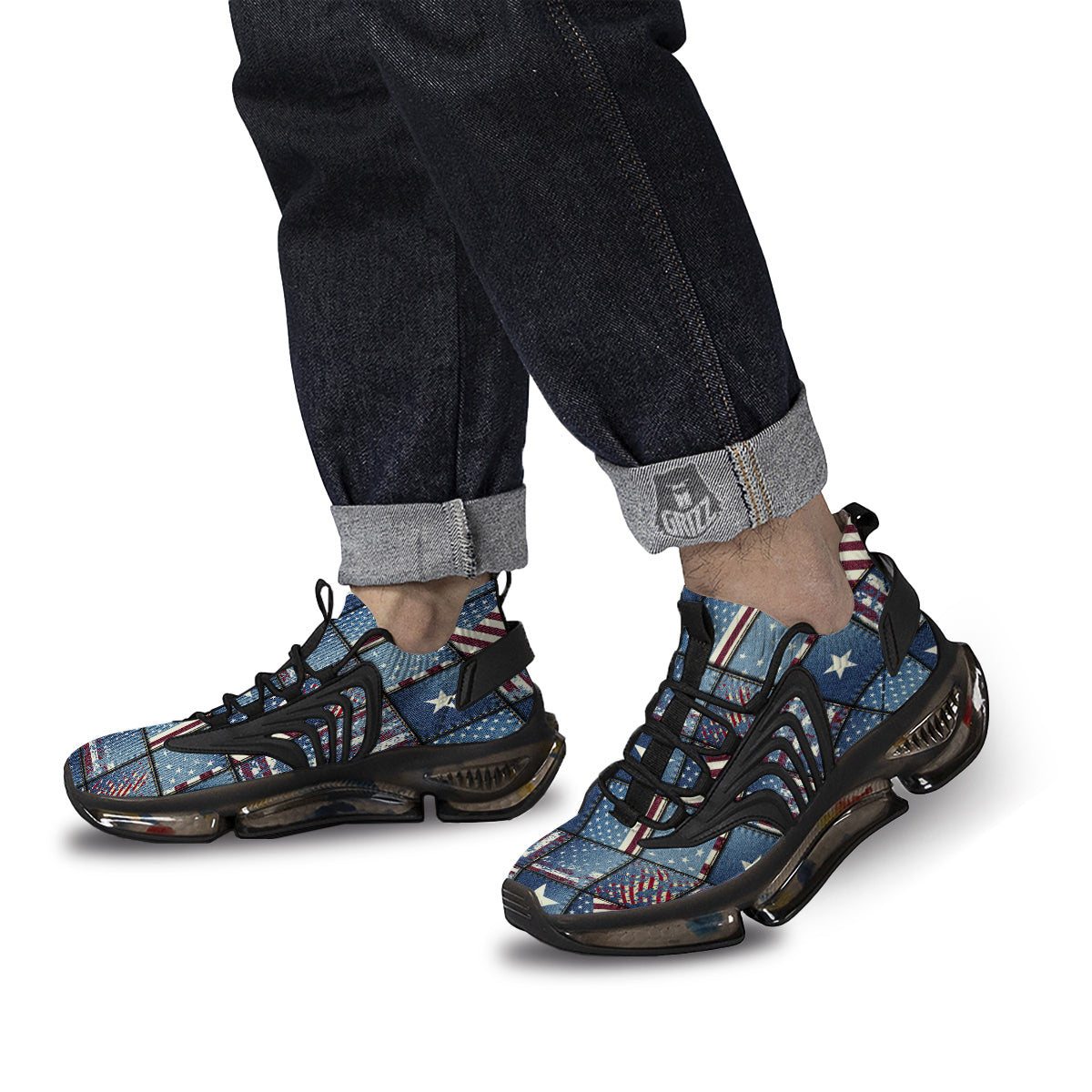 Patchwork USA Denim Print Pattern Black Gym Shoes-grizzshop