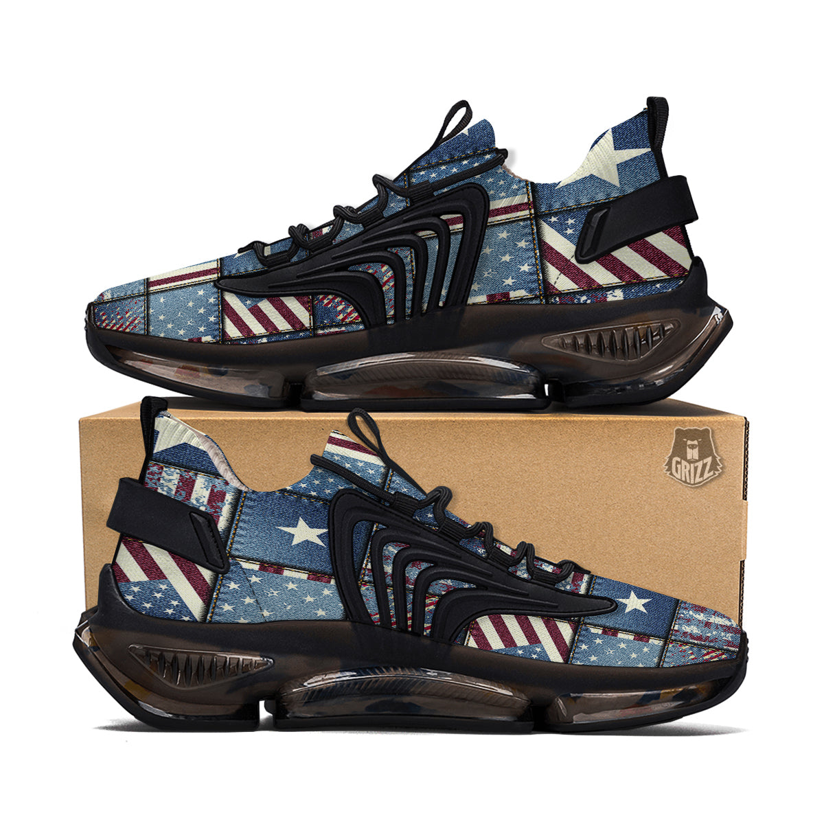 Patchwork USA Denim Print Pattern Black Gym Shoes-grizzshop