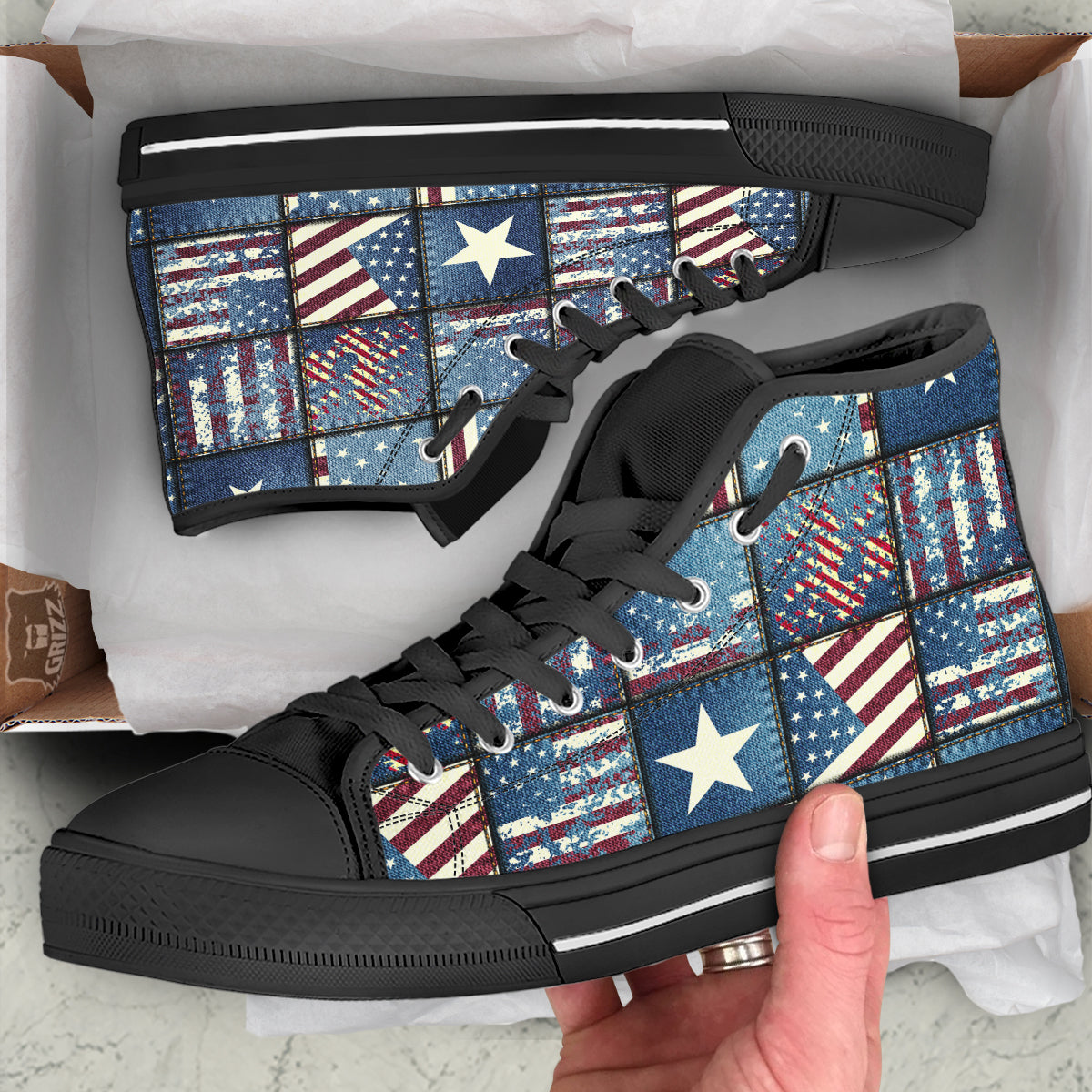 Patchwork USA Denim Print Pattern Black High Top Shoes-grizzshop