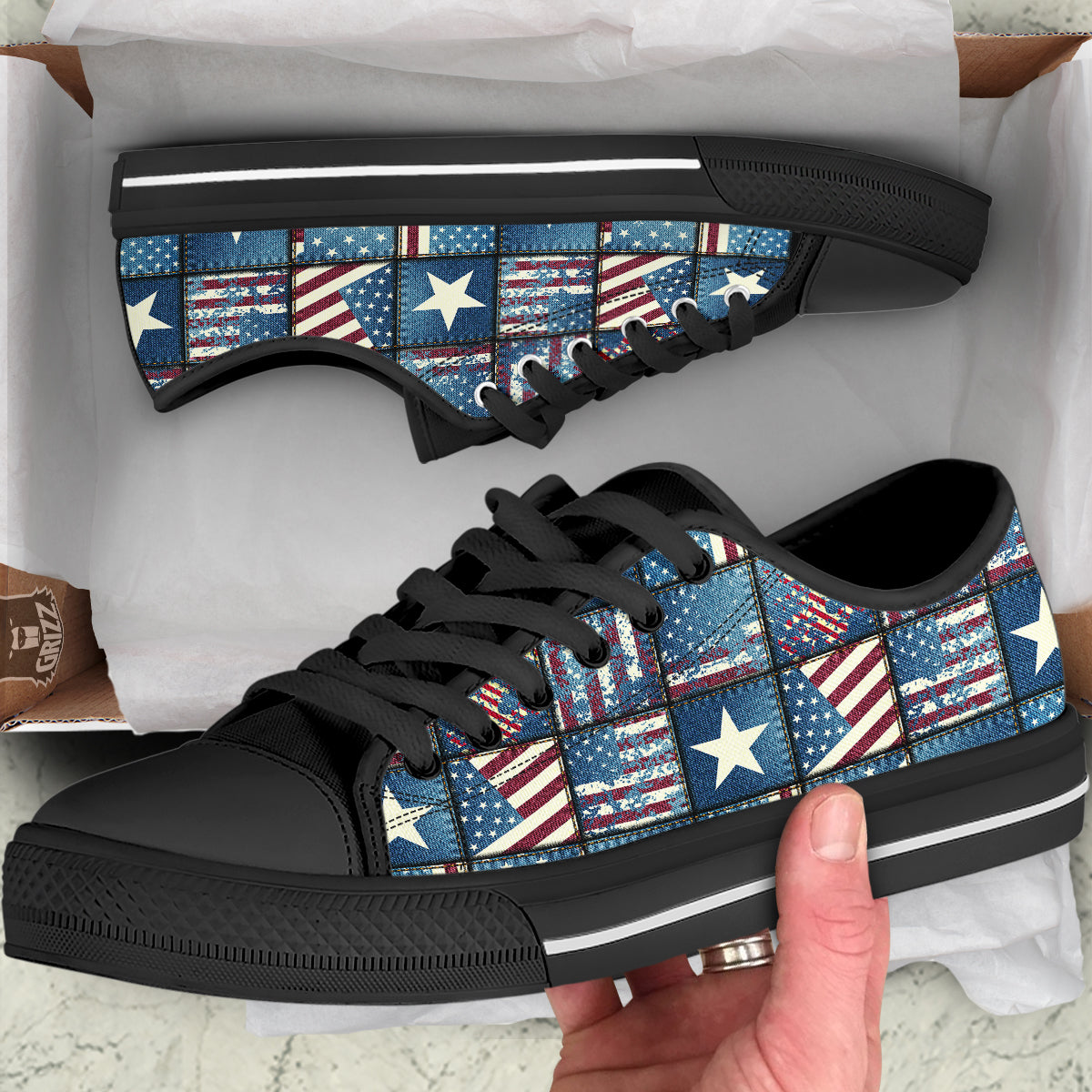 Patchwork USA Denim Print Pattern Black Low Top Shoes-grizzshop