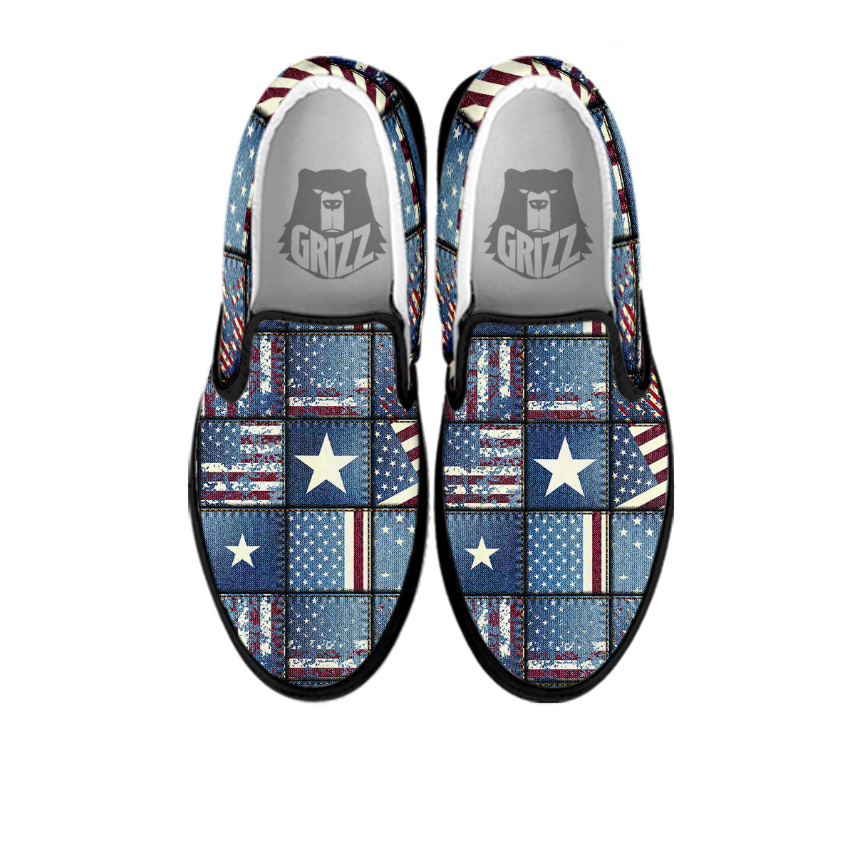 Patchwork USA Denim Print Pattern Black Slip On Shoes-grizzshop