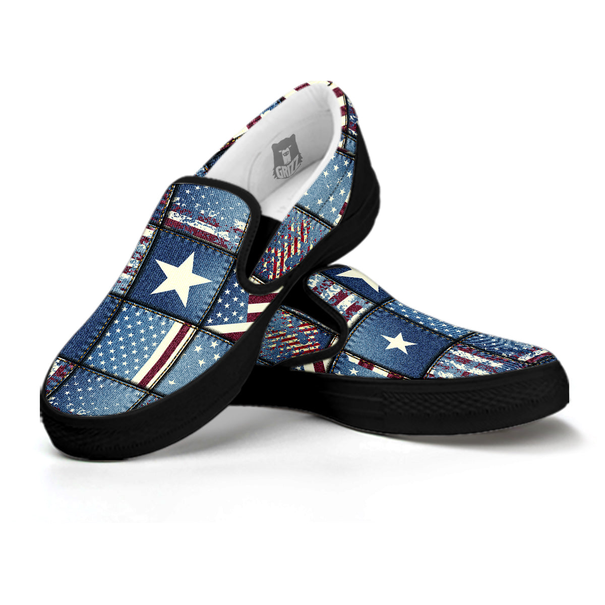 Patchwork USA Denim Print Pattern Black Slip On Shoes-grizzshop