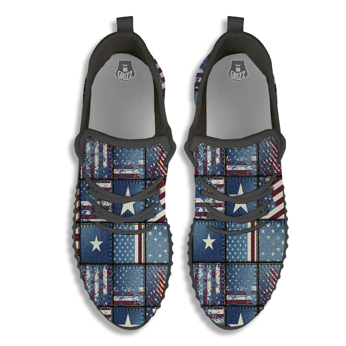 Patchwork USA Denim Print Pattern Black Walking Shoes-grizzshop