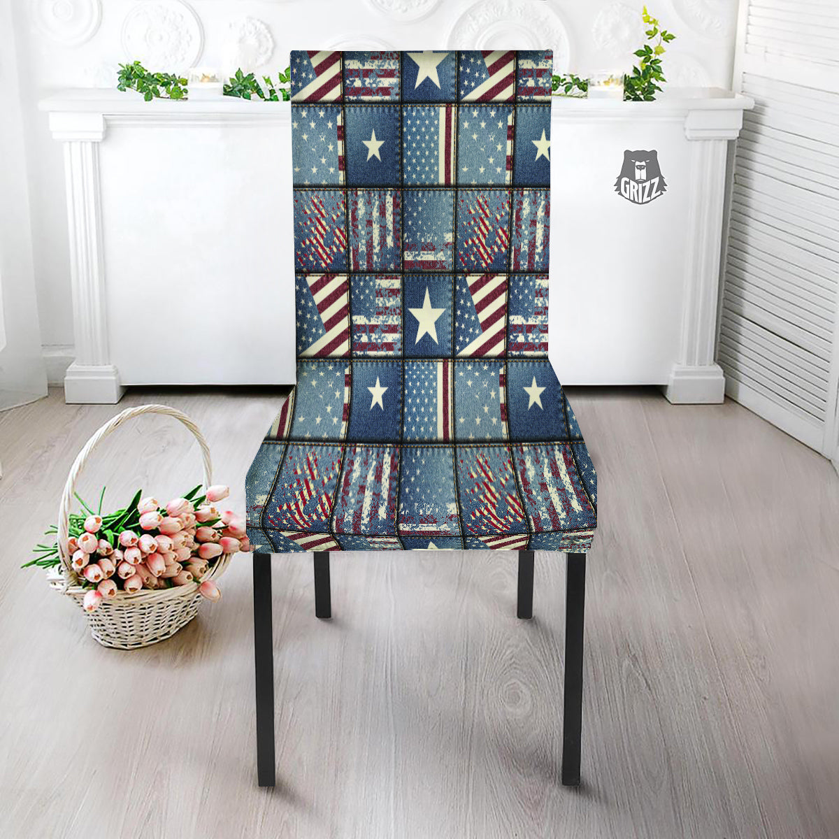 Patchwork USA Denim Print Pattern Dining Chair Slipcover-grizzshop