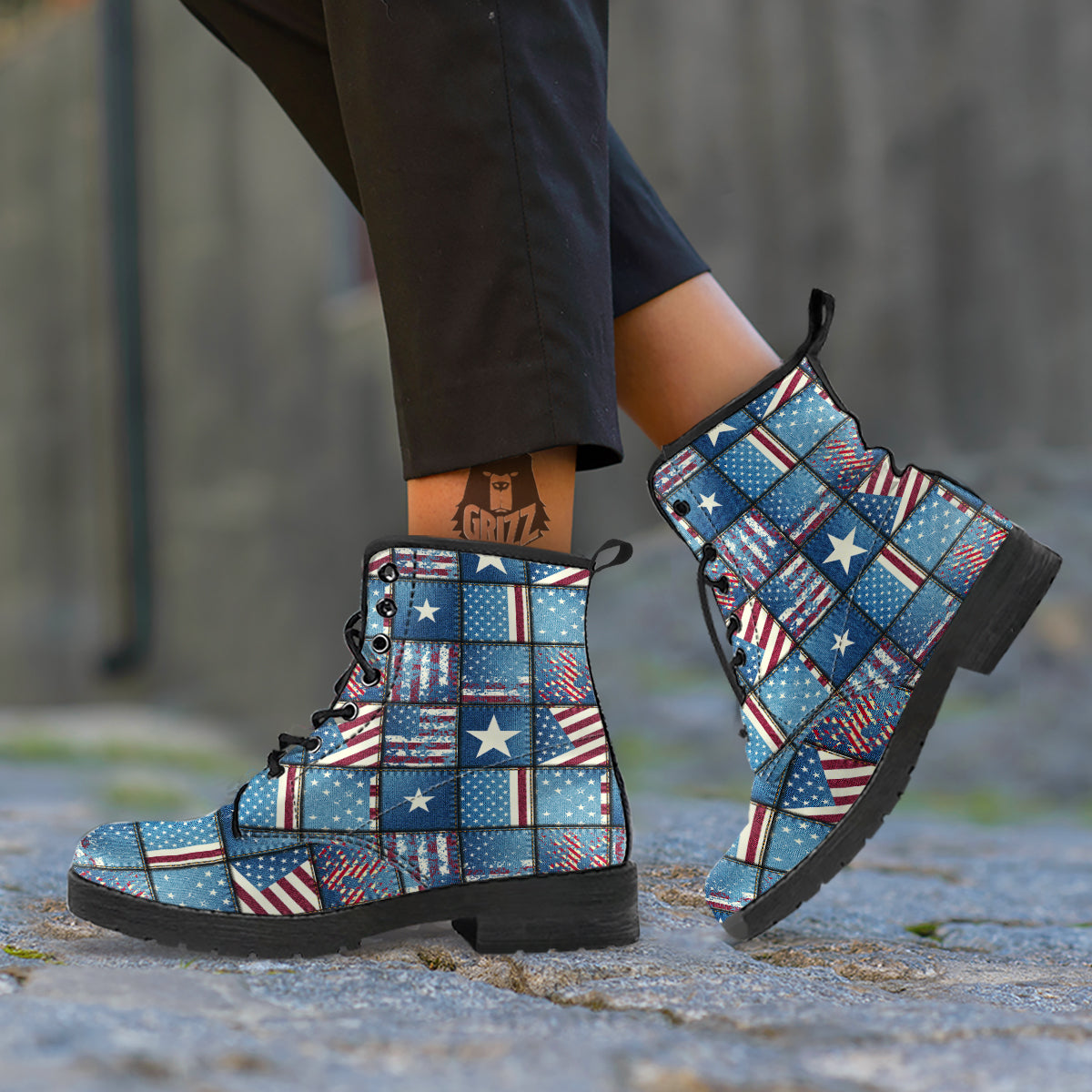 Patchwork USA Denim Print Pattern Leather Boots-grizzshop