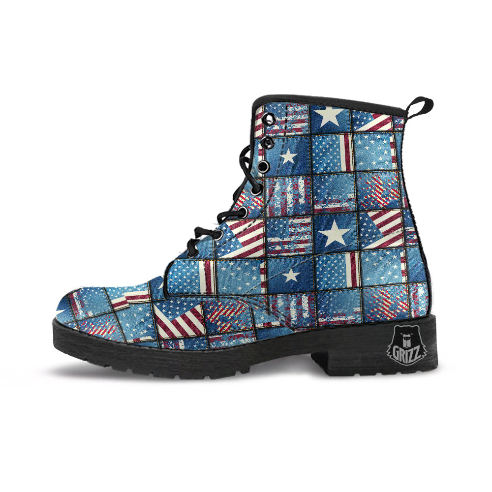 Patchwork USA Denim Print Pattern Leather Boots-grizzshop