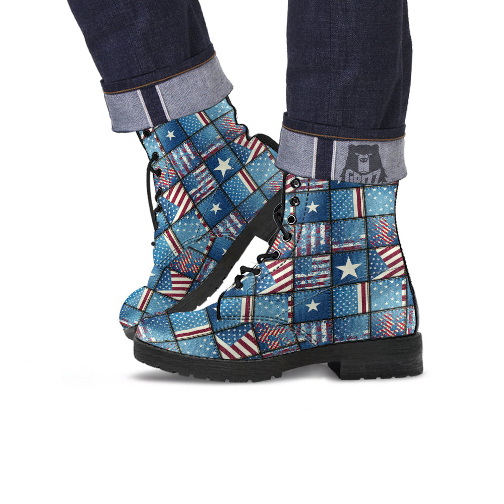 Patchwork USA Denim Print Pattern Leather Boots-grizzshop