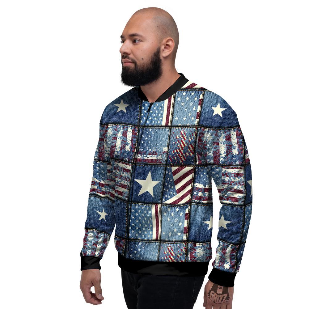 Patchwork USA Denim Print Pattern Men's Bomber Jacket-grizzshop