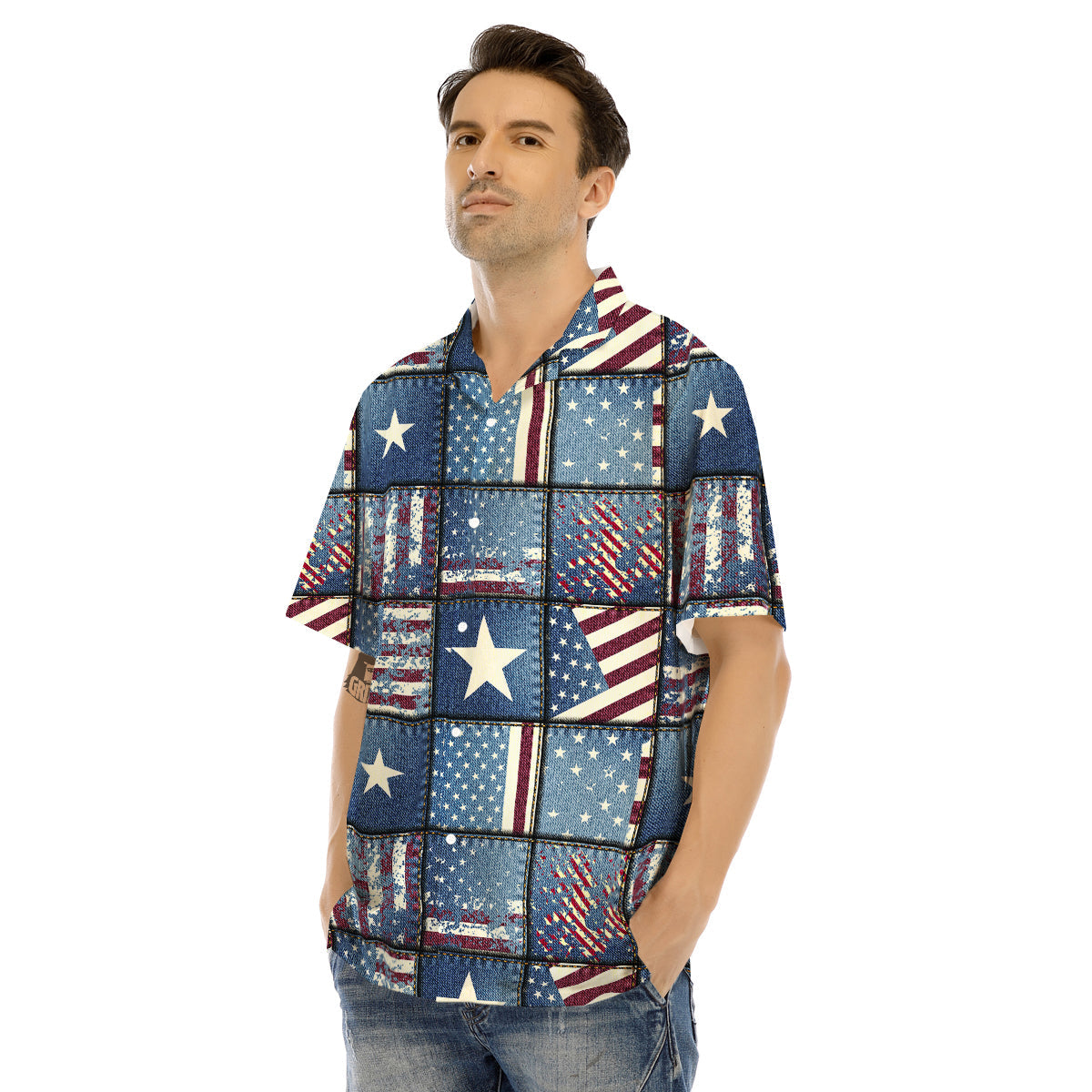 Patchwork USA Denim Print Pattern Men's Hawaiian Shirt-grizzshop