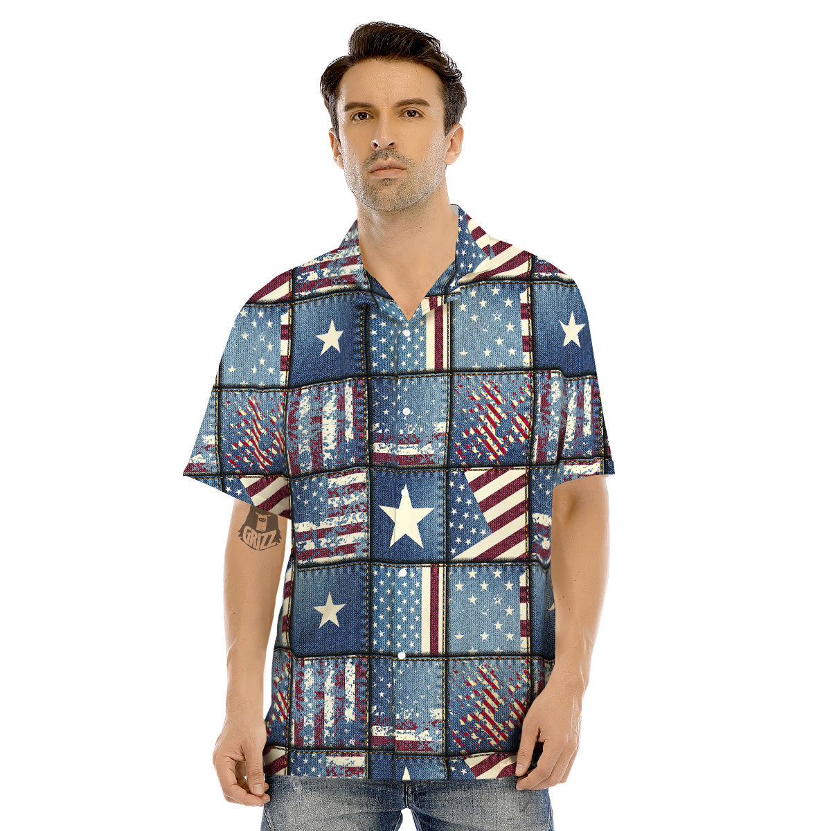 Patchwork USA Denim Print Pattern Men's Hawaiian Shirt-grizzshop