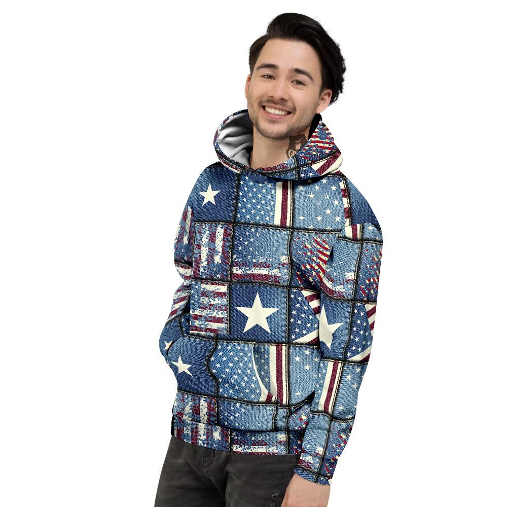 Patchwork USA Denim Print Pattern Men's Hoodie-grizzshop