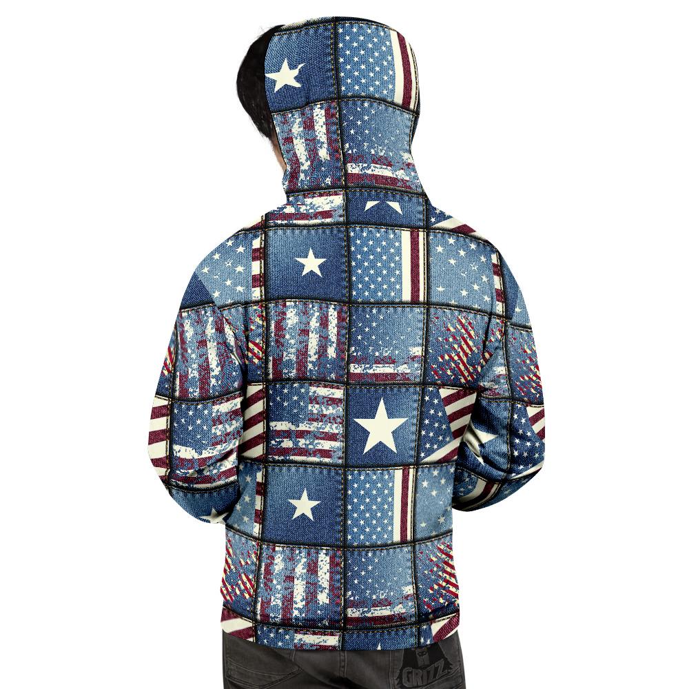 Patchwork USA Denim Print Pattern Men's Hoodie-grizzshop