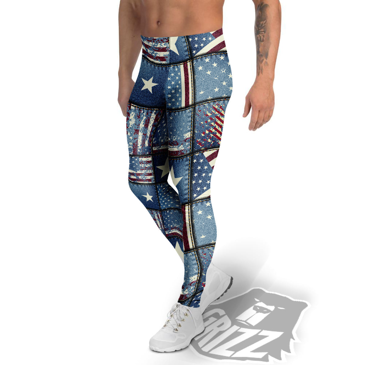 Patchwork USA Denim Print Pattern Men's Leggings-grizzshop