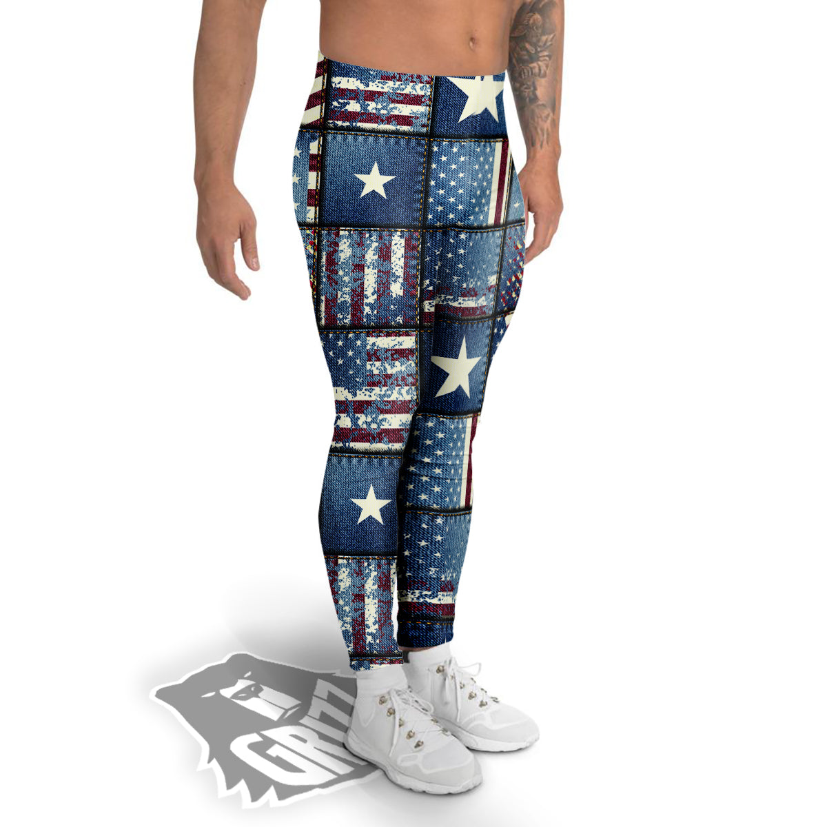 Patchwork USA Denim Print Pattern Men's Leggings-grizzshop