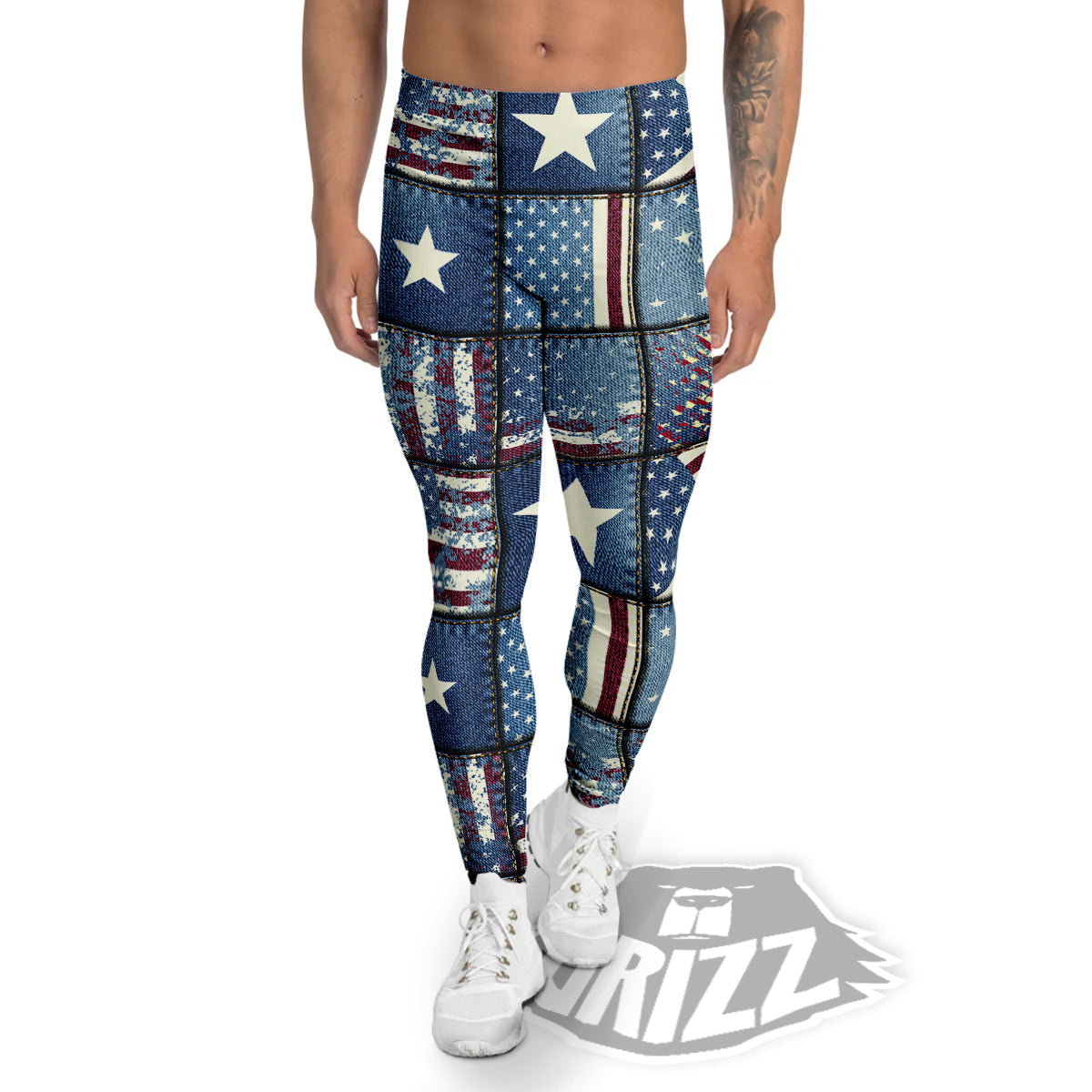 Patchwork USA Denim Print Pattern Men's Leggings-grizzshop