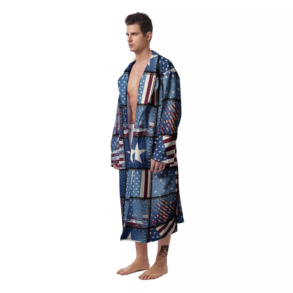 Patchwork USA Denim Print Pattern Men's Robe-grizzshop