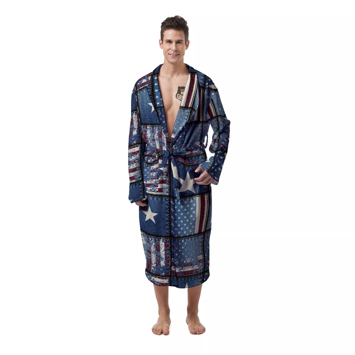 Patchwork USA Denim Print Pattern Men's Robe-grizzshop