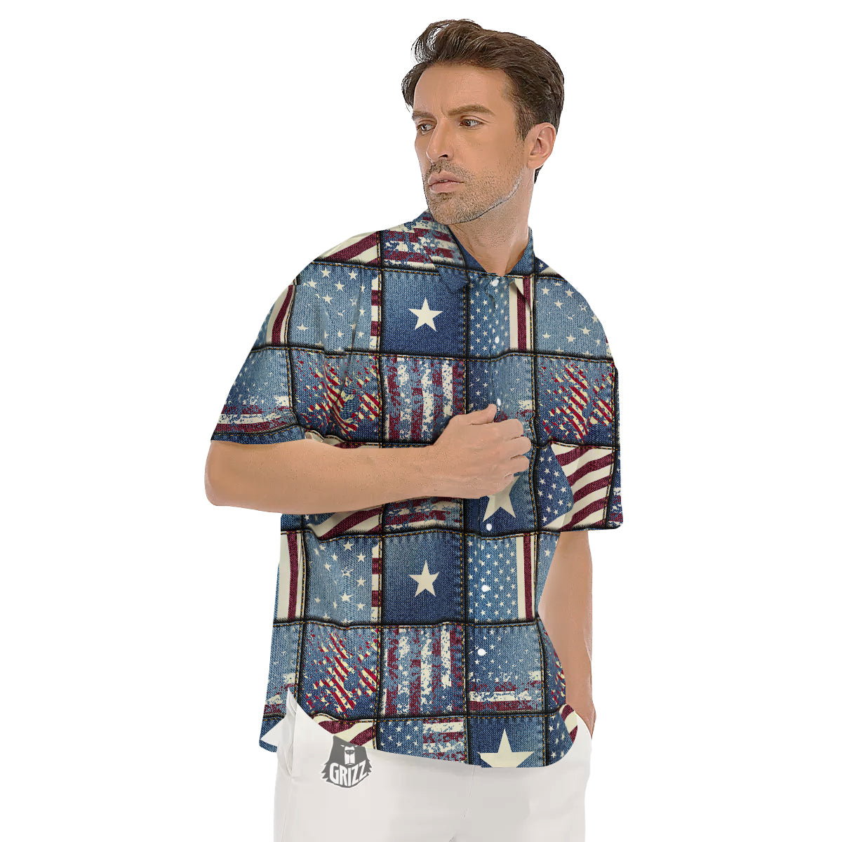 Patchwork USA Denim Print Pattern Men's Short Sleeve Shirts-grizzshop