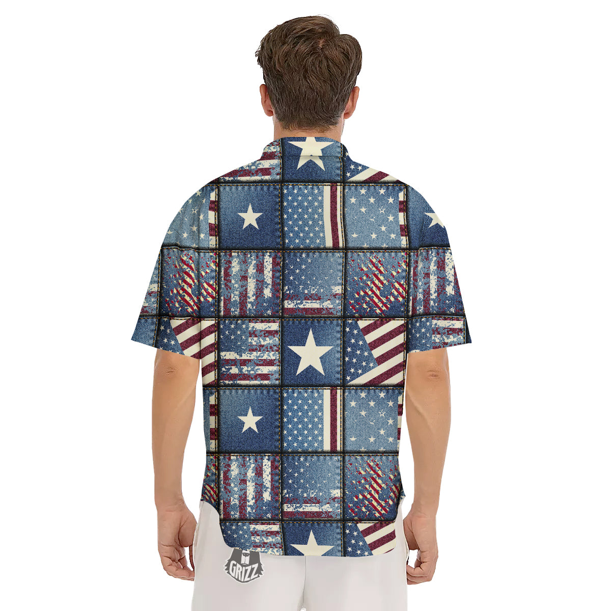 Patchwork USA Denim Print Pattern Men's Short Sleeve Shirts-grizzshop